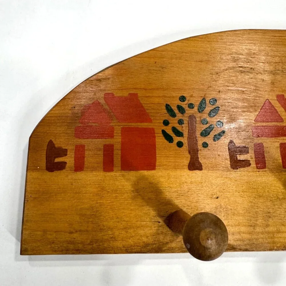 Vintage Country Folk Art Wooden Wall Rack 3 Peg House Tree Stencil Farmhouse